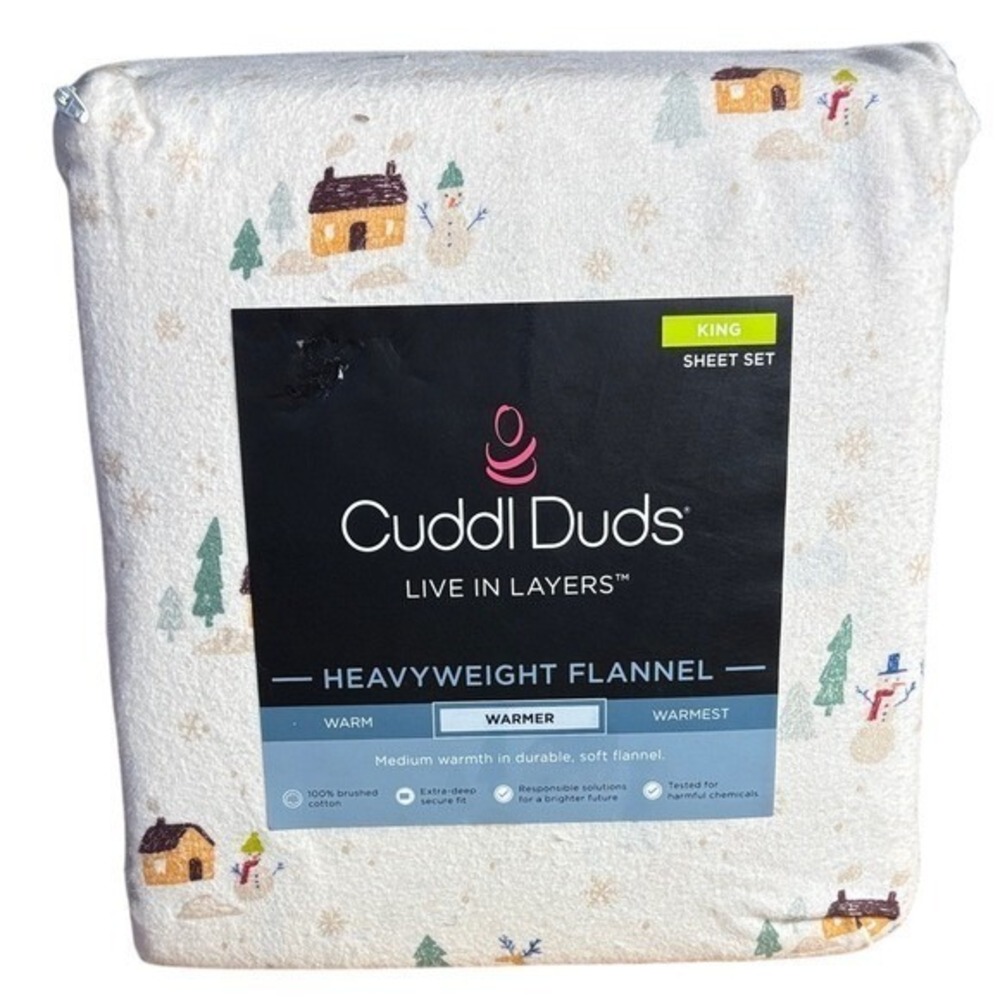 Cuddl Duds King Heavyweight Flannel Sheet Set Cozy Cabin Winter Scene GIFT NEW